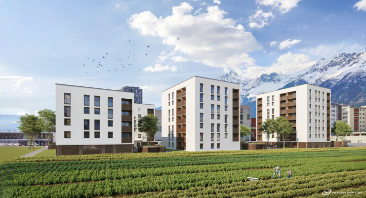 Der Neubau des Gemeinnützigen Wohnbauträger „Neue Heimat Tirol“ in der Steinbockalle in Rum wurde über den Social Bond der Hypo Tirol finanziert. Hier entstehen 64 Mietwohnungen – 30 davon als 5-Euro-Wohnen – im weltweit größten Passivhaus-Plus-Wohnquartier.