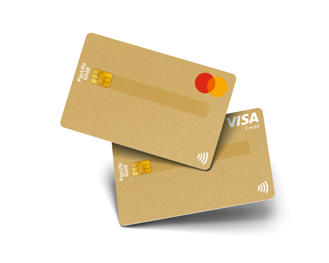 Zwei goldene Kredit-Karten von PayLife mit Chip und NFC-Symbol