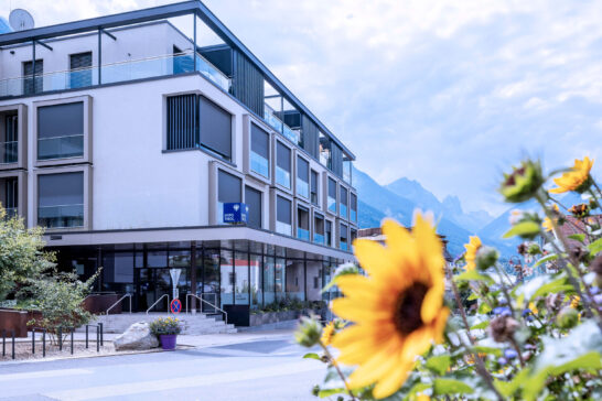 Hypo Tirol Stubai mit Sonnenblumen im Vordergrund und Bergen im Hintergrund.