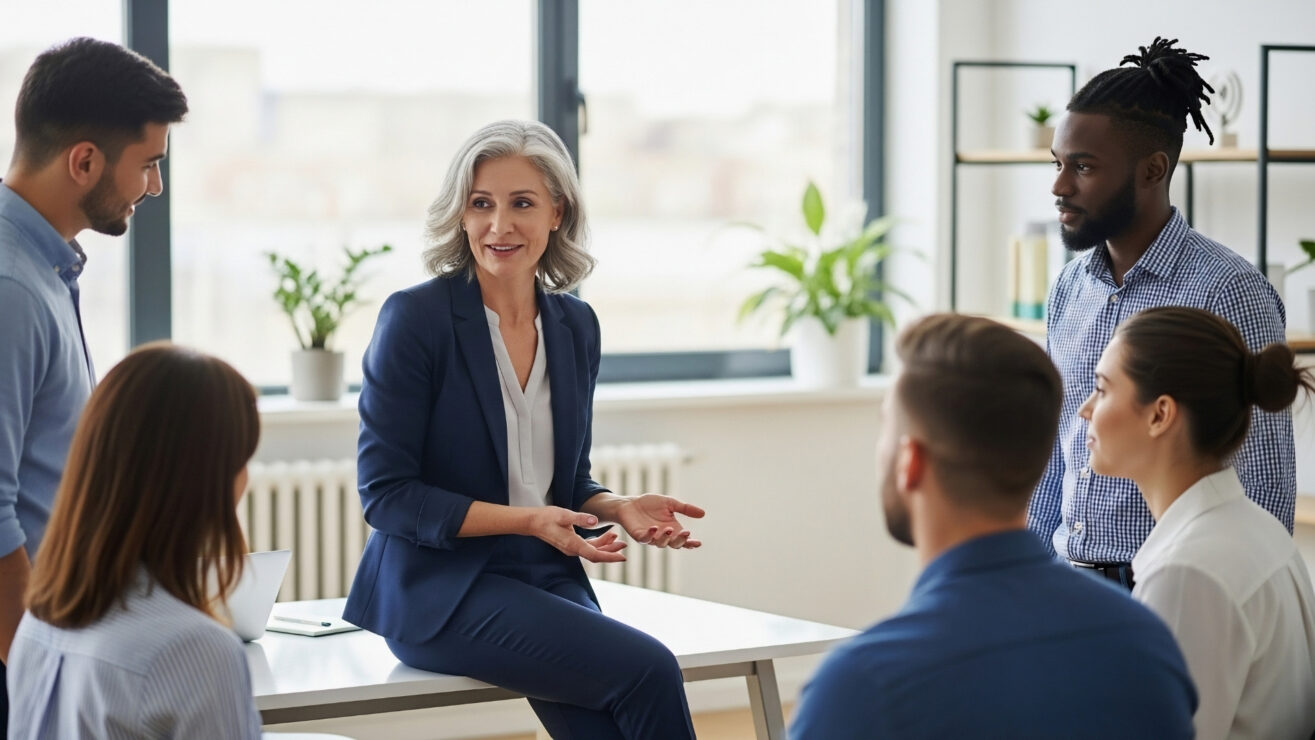 Eine Frau im Business-Outfit spricht in einem hellen Büro mit Kolleginnen und Kollegen unterschiedlichen Alters und Hintergrunds und erklärt eine Idee im Teamgespräch.