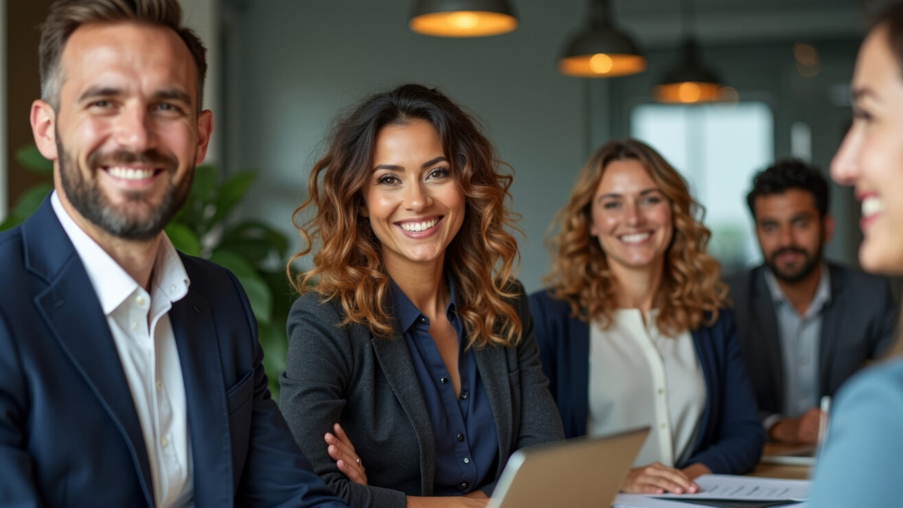 Mehrere Unternehmerinnen und Unternehmer sitzen an einem Tisch, lächeln in Richtung einer Beraterin und wirken konzentriert und zuversichtlich während eines Gesprächs.