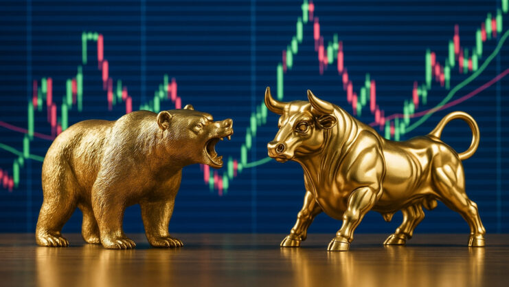 Bullen- und Bärenfiguren vor einem Finanzchart.