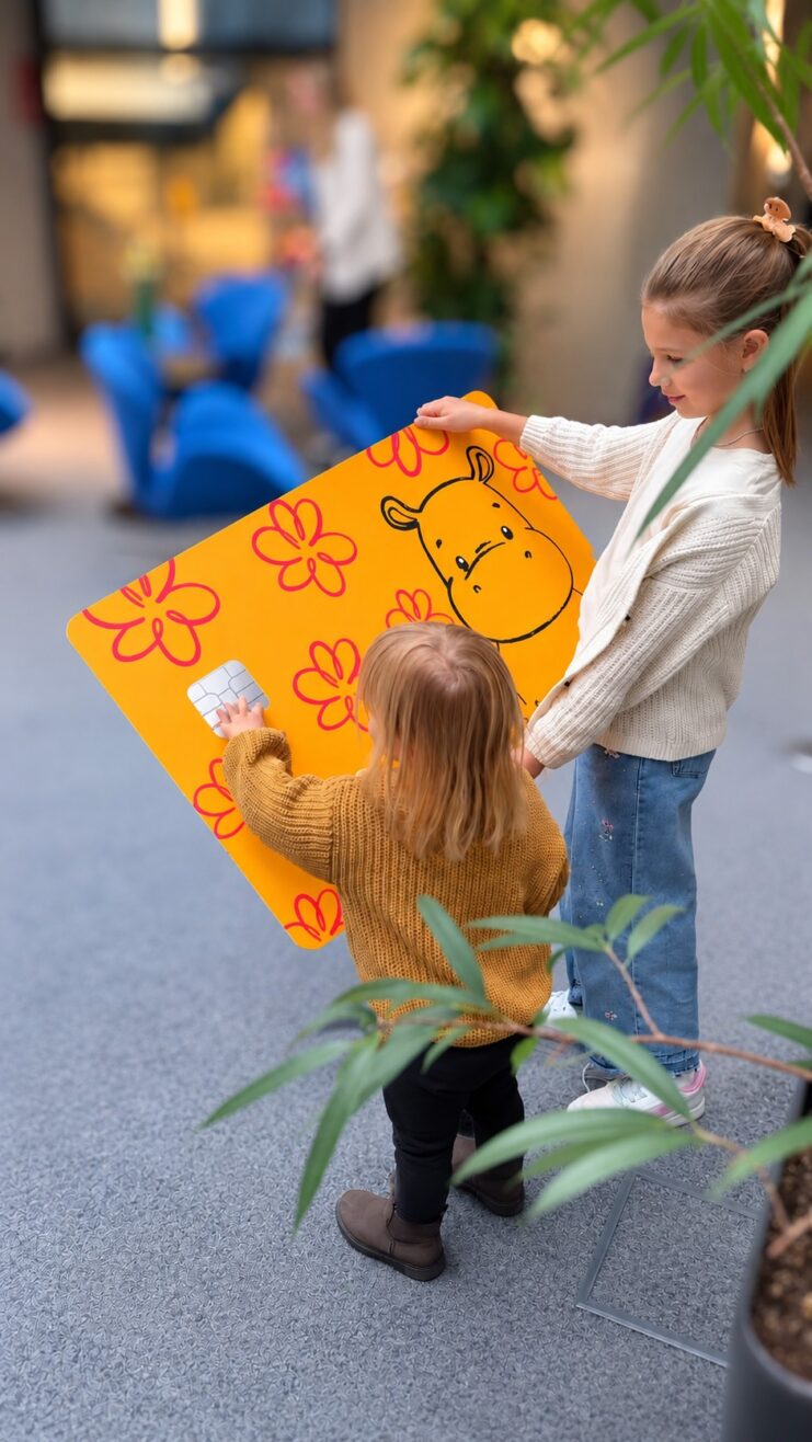 Kind hält gemeinsam mit einem kleineren Kind die orange Hippo Schatzkarte in den Händen.