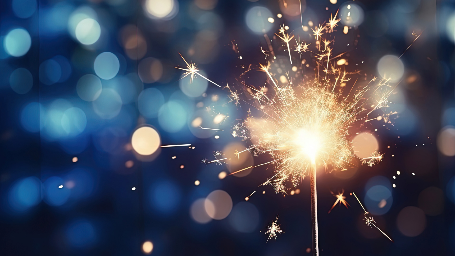 Feuerwerk glitzernd vor blauem Hintergrund.