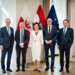 Vorstände und Aufsichtsrat der Hypo Tirol gemeinsam mit Landeshauptmann Tirols posierend auf einem Gruppenbild.